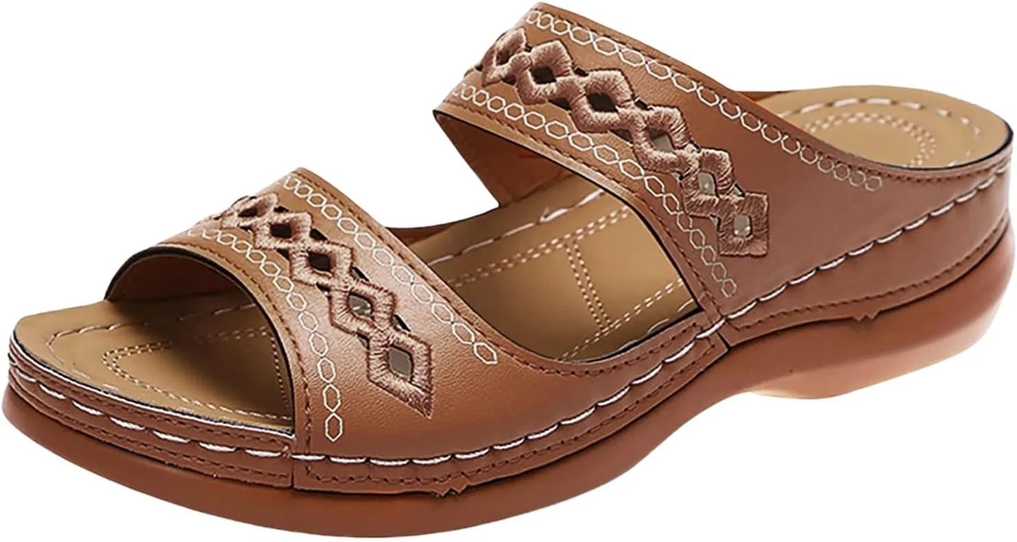 Orthopedic Sandals for Women Embroidered Wedge Perfectchose Arch Support Sandals Non-Slip Breathable Outdoor Walking Shoes Lightweight Memory Foam Platform Shoes