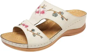 Orthopedic Sandals for Women Wide Width Walking Comfortable Wedge Slippers with Arch Support Flower Hollow Platform Slides Flip Flops Breathable Anti-Slip Vintage Dressy Summer Fashion Flat Slippers