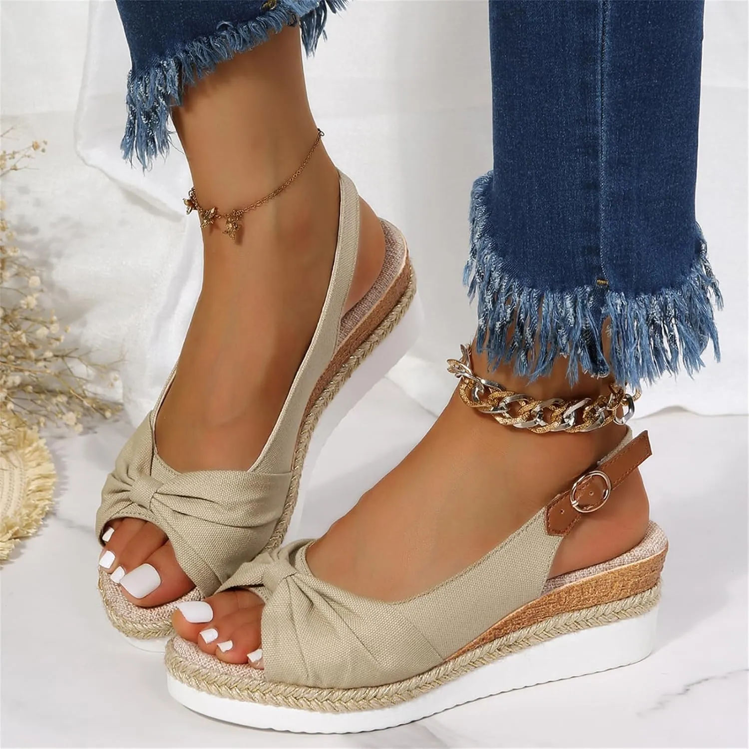 Orthopedic Sandals for Women, Women Walking Slip On Wedge Sandals Summer Dressy Open Toe Ankle Strap Platform Beach Shoes Fashion Slingback Espadrille Bowknot Casual Shoes
