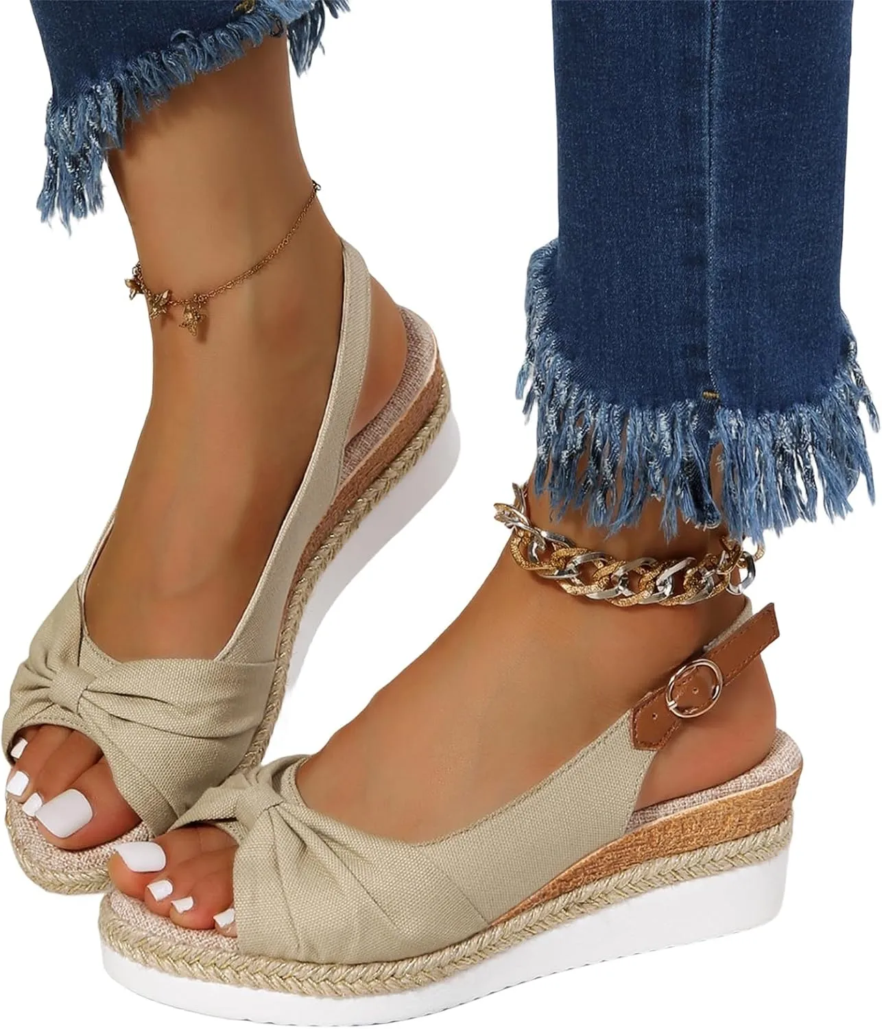 Orthopedic Sandals for Women, Women Walking Slip On Wedge Sandals Summer Dressy Open Toe Ankle Strap Platform Beach Shoes Fashion Slingback Espadrille Bowknot Casual Shoes