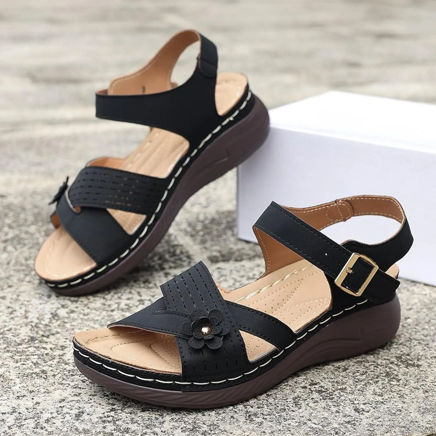 Orthopedic Wide Sandals for Women 2025,Flowers Bohe Ankle Sandal 2025 Open Toe Summer Casual Platform Sandals Comfortable Summer Platform Casual Dress Women Sandal with Adjustable Hook Loop