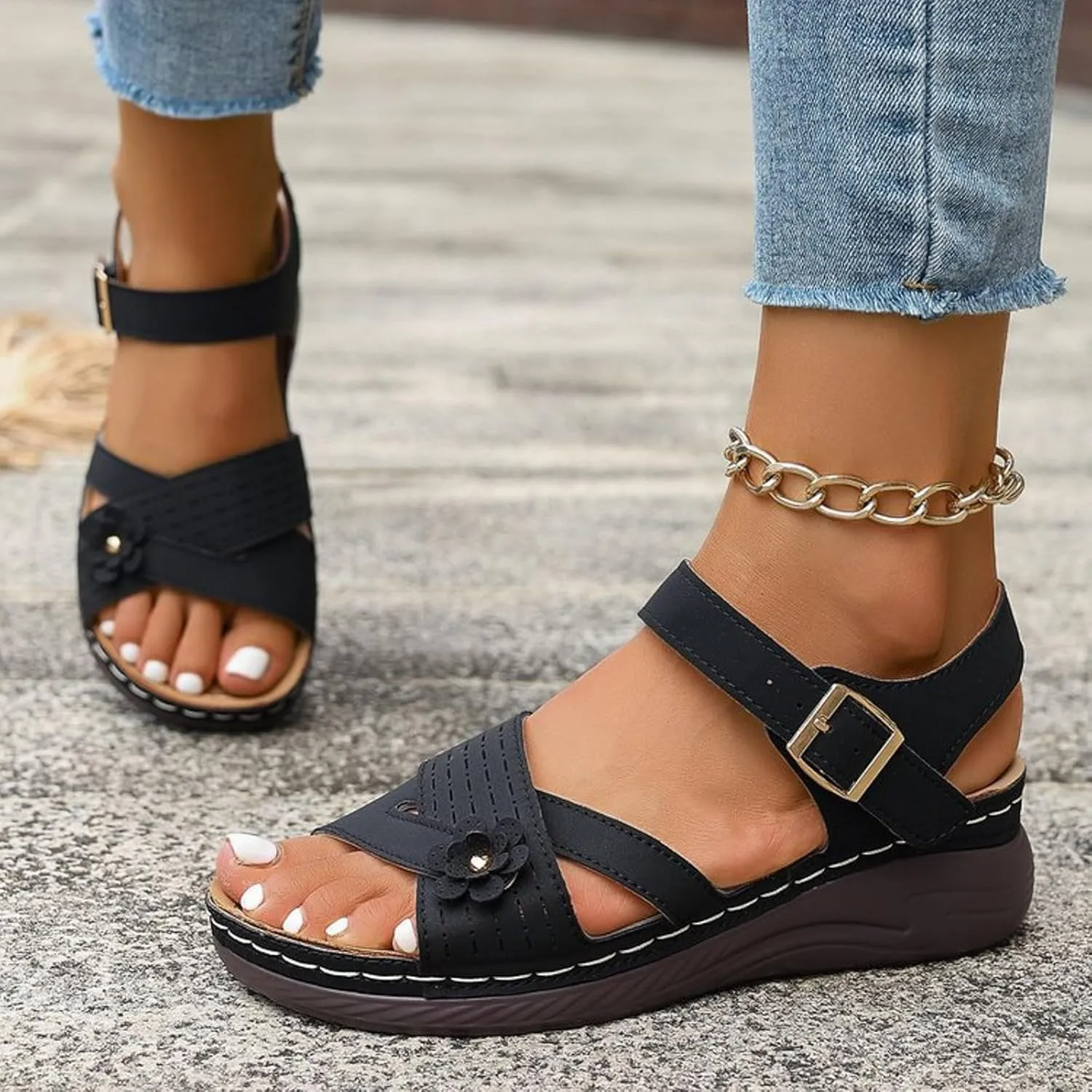 Orthopedic Wide Sandals for Women 2025,Flowers Bohe Ankle Sandal 2025 Open Toe Summer Casual Platform Sandals Comfortable Summer Platform Casual Dress Women Sandal with Adjustable Hook Loop