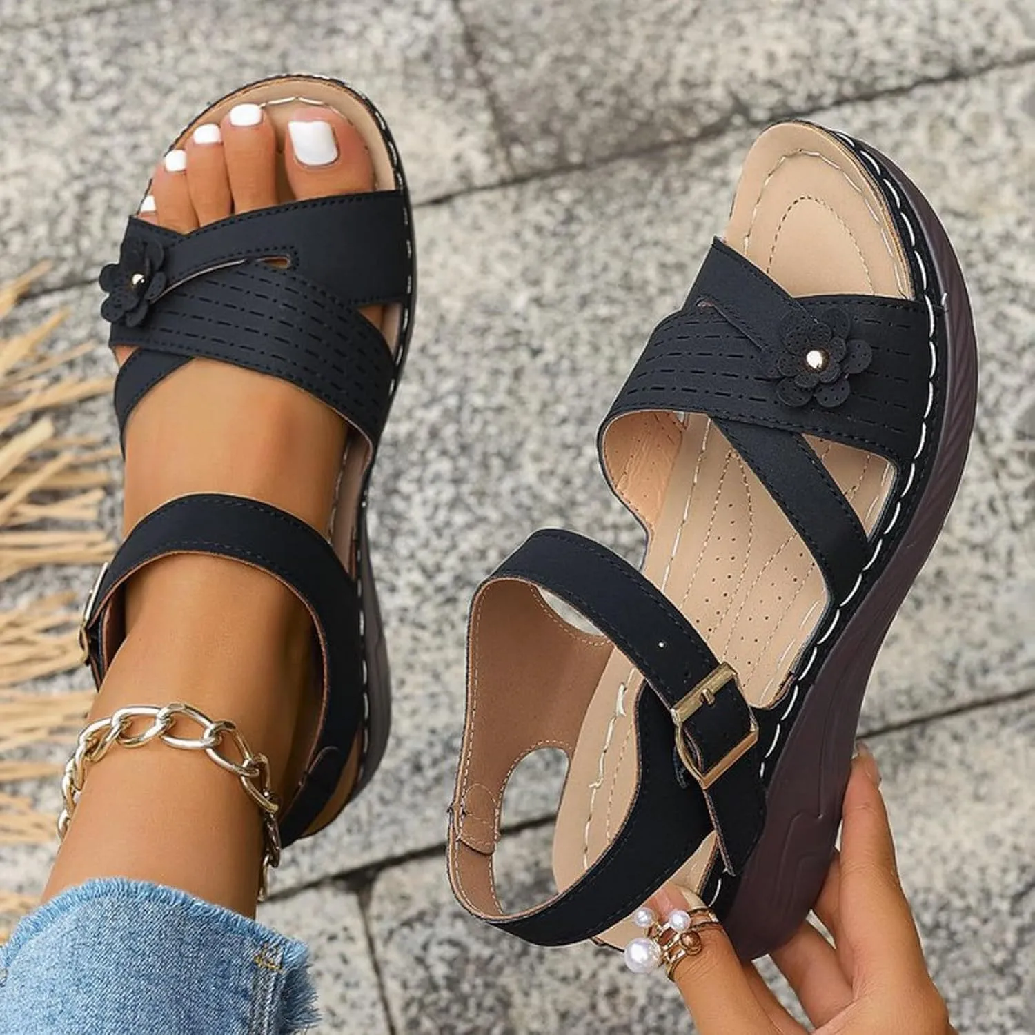 Orthopedic Wide Sandals for Women 2025,Flowers Bohe Ankle Sandal 2025 Open Toe Summer Casual Platform Sandals Comfortable Summer Platform Casual Dress Women Sandal with Adjustable Hook Loop
