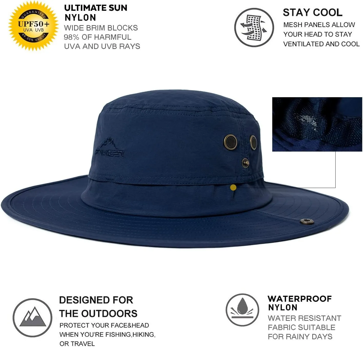 Oversize XL XXL Large Wide Brim Waterproof UPF 50  Bucket Sun Summer Travel Fishing Hiking Fisherman Hat Detachable Chin