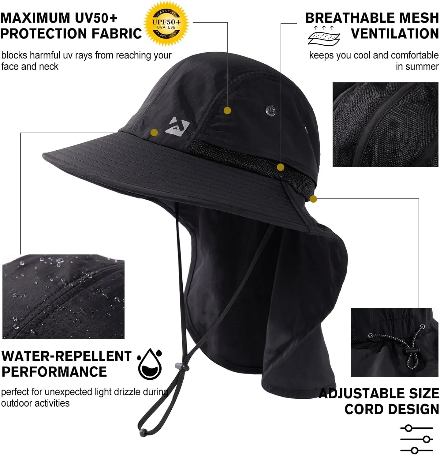 Oversized XL XXL Mens Sun Hat Big Head Neck Flap Shade Waterproof UPF50  Wide Brim Hat Fishing Safari Hiking