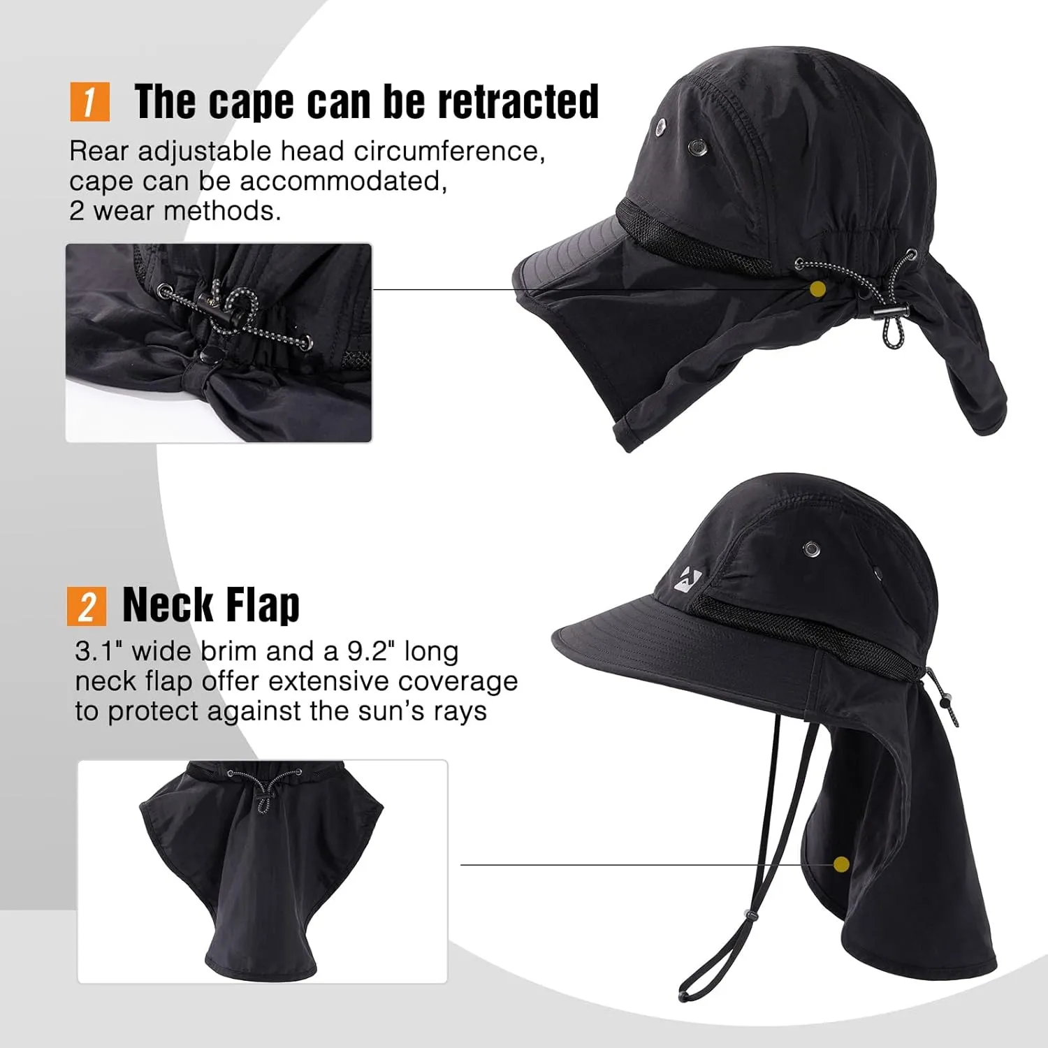 Oversized XL XXL Mens Sun Hat Big Head Neck Flap Shade Waterproof UPF50  Wide Brim Hat Fishing Safari Hiking