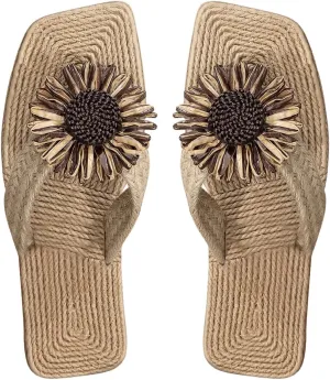 OYOANGLE Women's Boho Floral Decor Straw Flip Flop Sandals Square Open Toe Slide Sandal Slippers