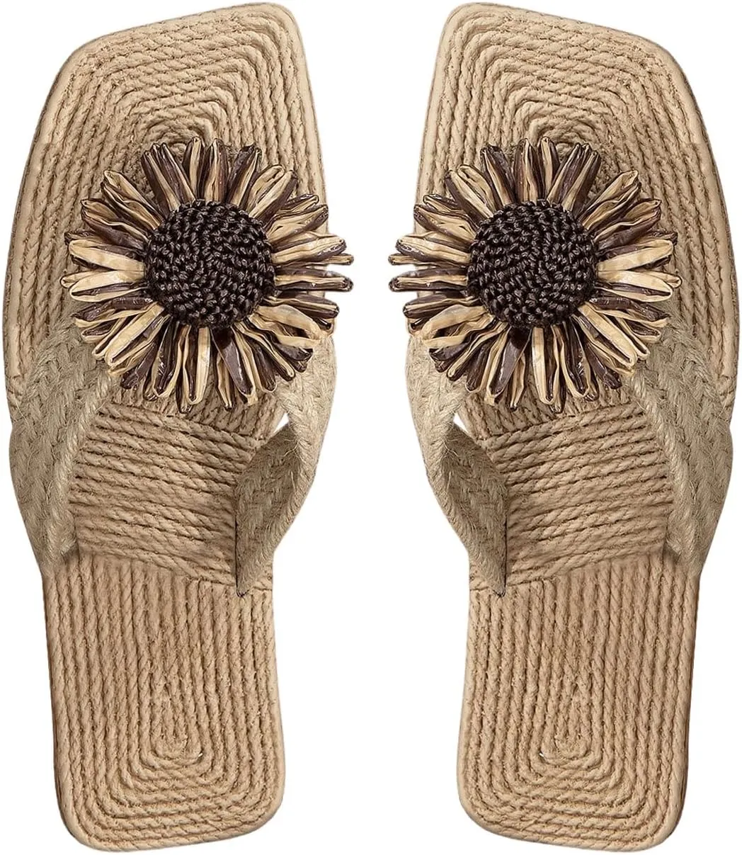 OYOANGLE Women's Boho Floral Decor Straw Flip Flop Sandals Square Open Toe Slide Sandal Slippers