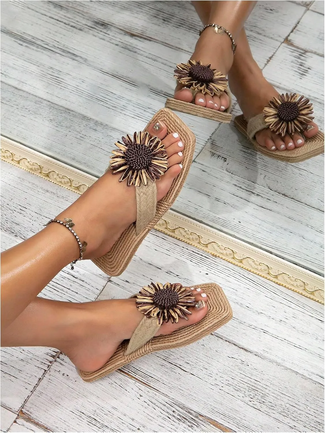 OYOANGLE Women's Boho Floral Decor Straw Flip Flop Sandals Square Open Toe Slide Sandal Slippers