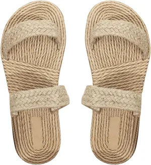 OYOANGLE Women's Double Bands Linen Sandals Open Toe Straw Slide Slippers Beach Flat Sandal