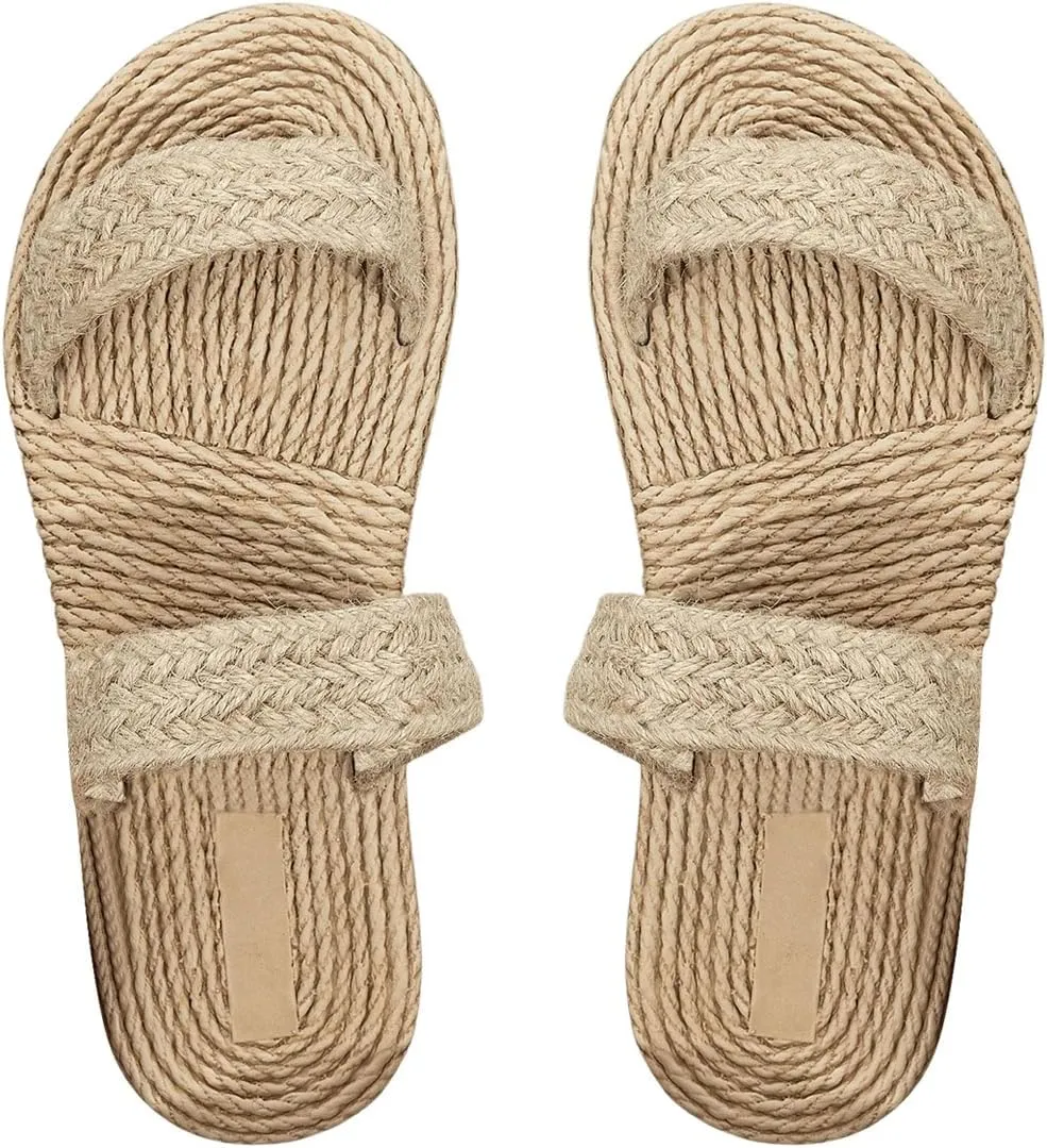 OYOANGLE Women's Double Bands Linen Sandals Open Toe Straw Slide Slippers Beach Flat Sandal