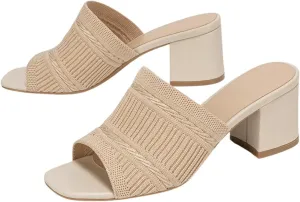 OYOANGLE Women's Knit Mule Sandals Peep Toe Chunky Heels Slip on Breathable Slides Sandals