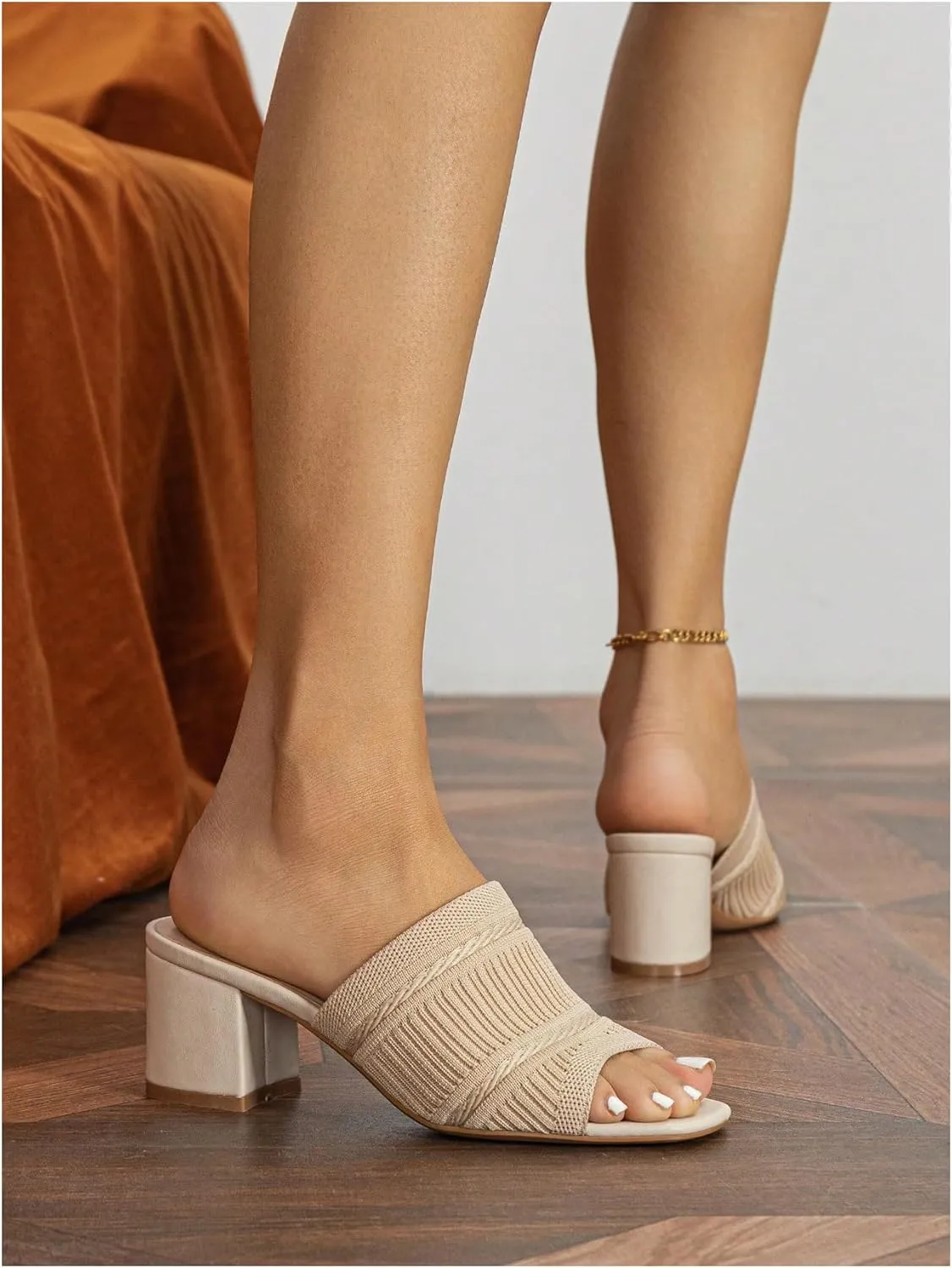 OYOANGLE Women's Knit Mule Sandals Peep Toe Chunky Heels Slip on Breathable Slides Sandals
