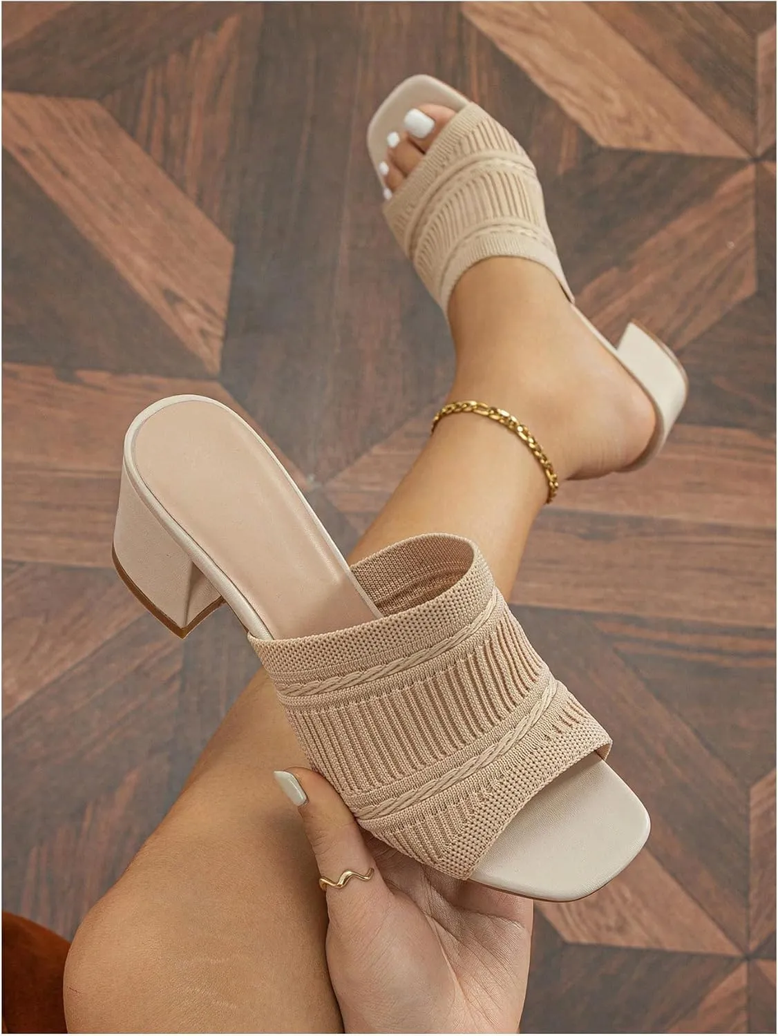 OYOANGLE Women's Knit Mule Sandals Peep Toe Chunky Heels Slip on Breathable Slides Sandals