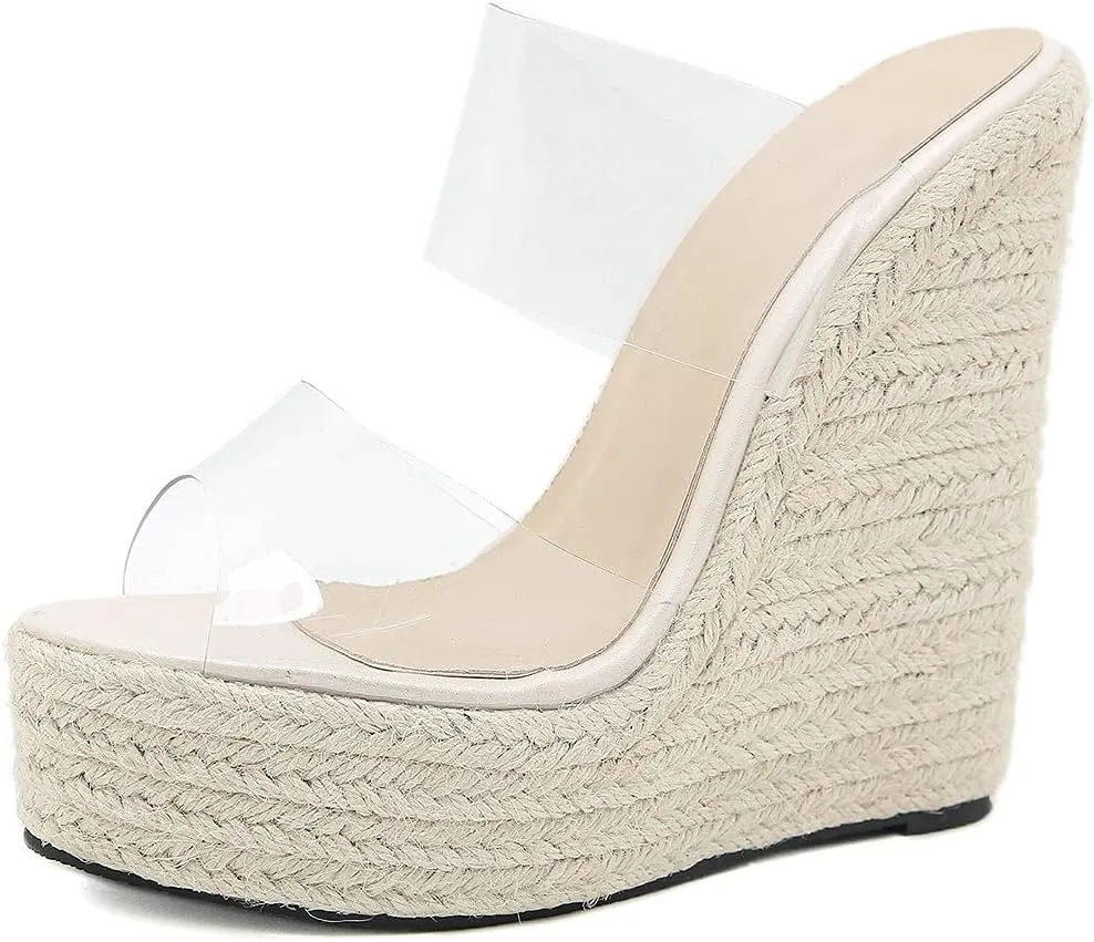 Parisuit Women's Peep Toe Wedge Sandals Extreme Platform High Heels Mules Clear Slip on Slingback Slippers