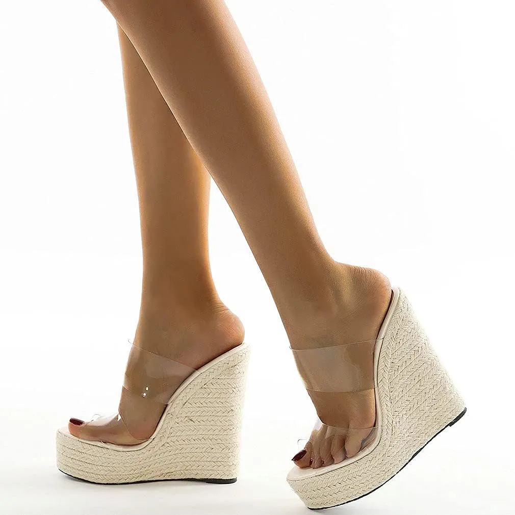 Parisuit Women's Peep Toe Wedge Sandals Extreme Platform High Heels Mules Clear Slip on Slingback Slippers