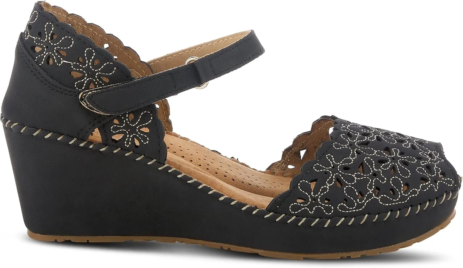 PATRIZIA Spring Step Gennina Wedge Sandals for Womens - Laser Cut Ladies Sandals with Embroidery - Hook and Loop Closure Womens Sandals