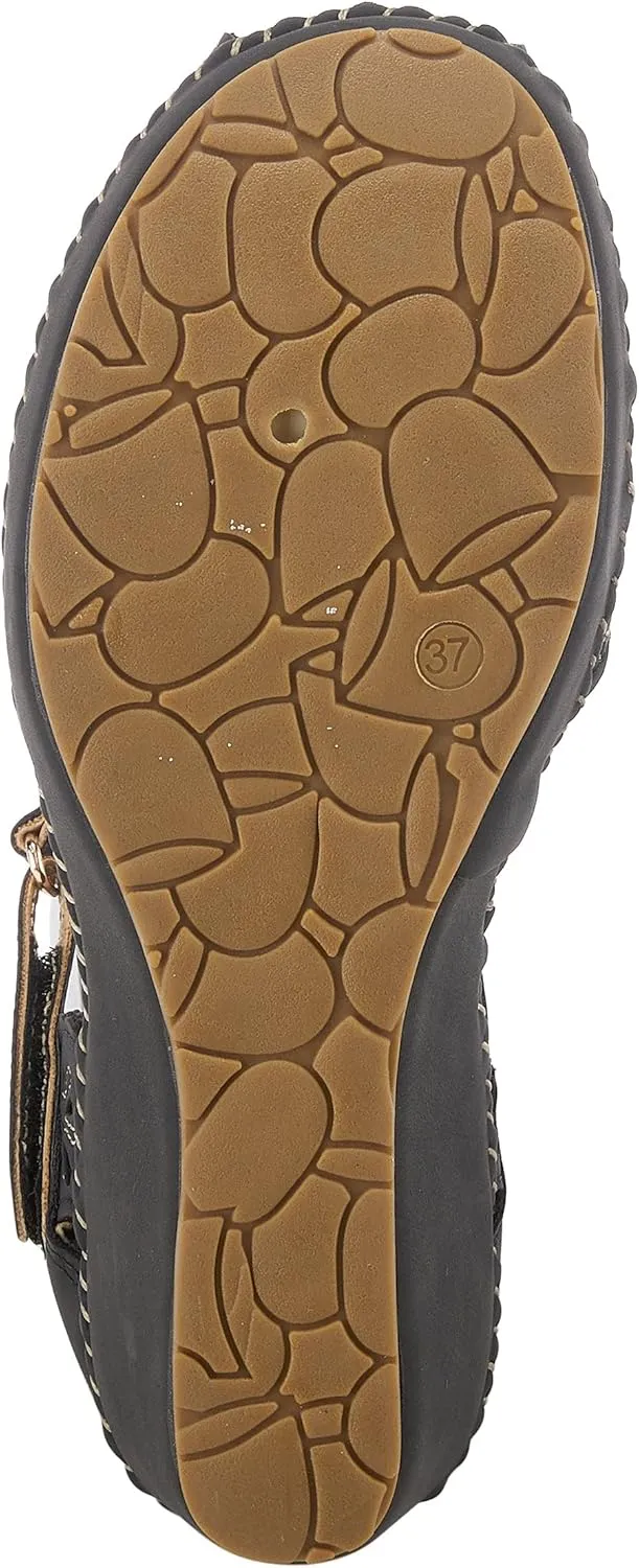 PATRIZIA Spring Step Gennina Wedge Sandals for Womens - Laser Cut Ladies Sandals with Embroidery - Hook and Loop Closure Womens Sandals