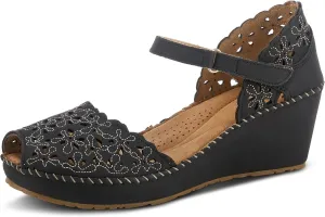 PATRIZIA Spring Step Gennina Wedge Sandals for Womens - Laser Cut Ladies Sandals with Embroidery - Hook and Loop Closure Womens Sandals
