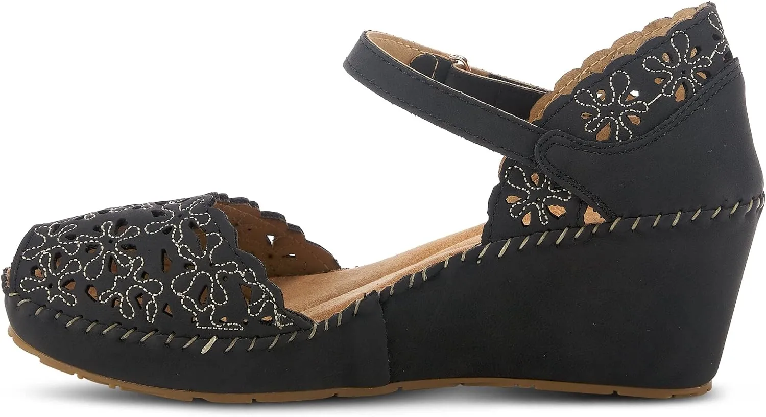 PATRIZIA Spring Step Gennina Wedge Sandals for Womens - Laser Cut Ladies Sandals with Embroidery - Hook and Loop Closure Womens Sandals
