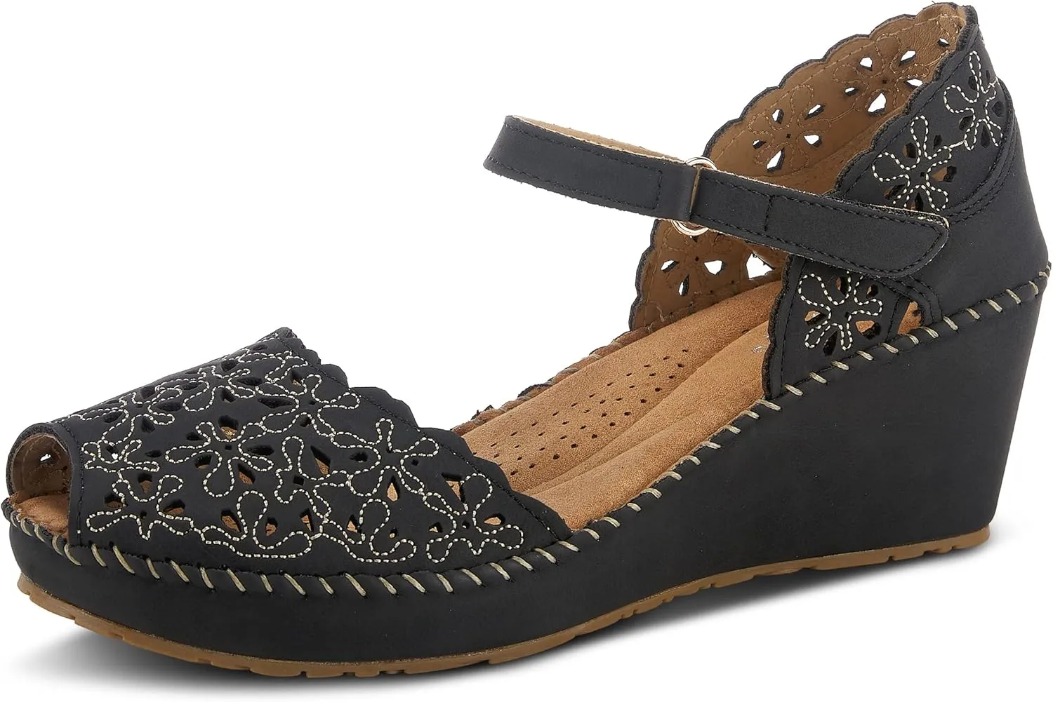 PATRIZIA Spring Step Gennina Wedge Sandals for Womens - Laser Cut Ladies Sandals with Embroidery - Hook and Loop Closure Womens Sandals