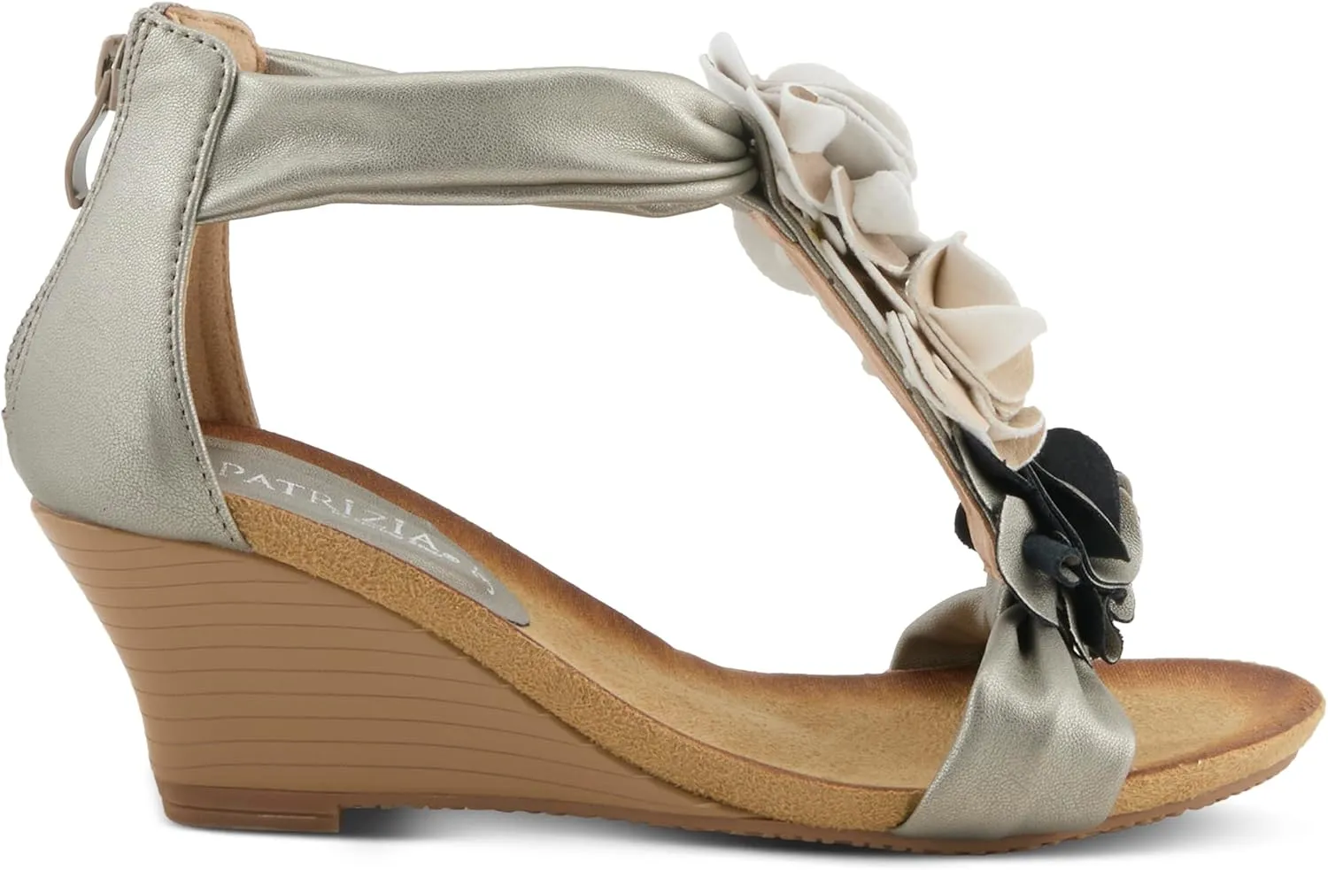 PATRIZIA Women's HARLEQUIN Ankle Strap T-Strap Wedge Sandals - Floral Design, Cushioned Insole, Back Zipper