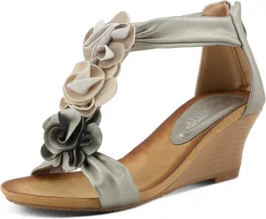 PATRIZIA Women's HARLEQUIN Ankle Strap T-Strap Wedge Sandals - Floral Design, Cushioned Insole, Back Zipper