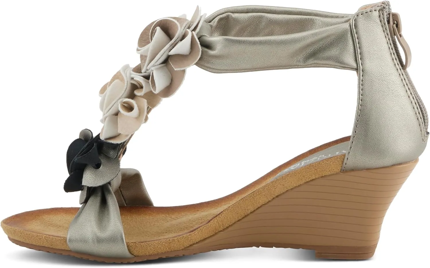 PATRIZIA Women's HARLEQUIN Ankle Strap T-Strap Wedge Sandals - Floral Design, Cushioned Insole, Back Zipper