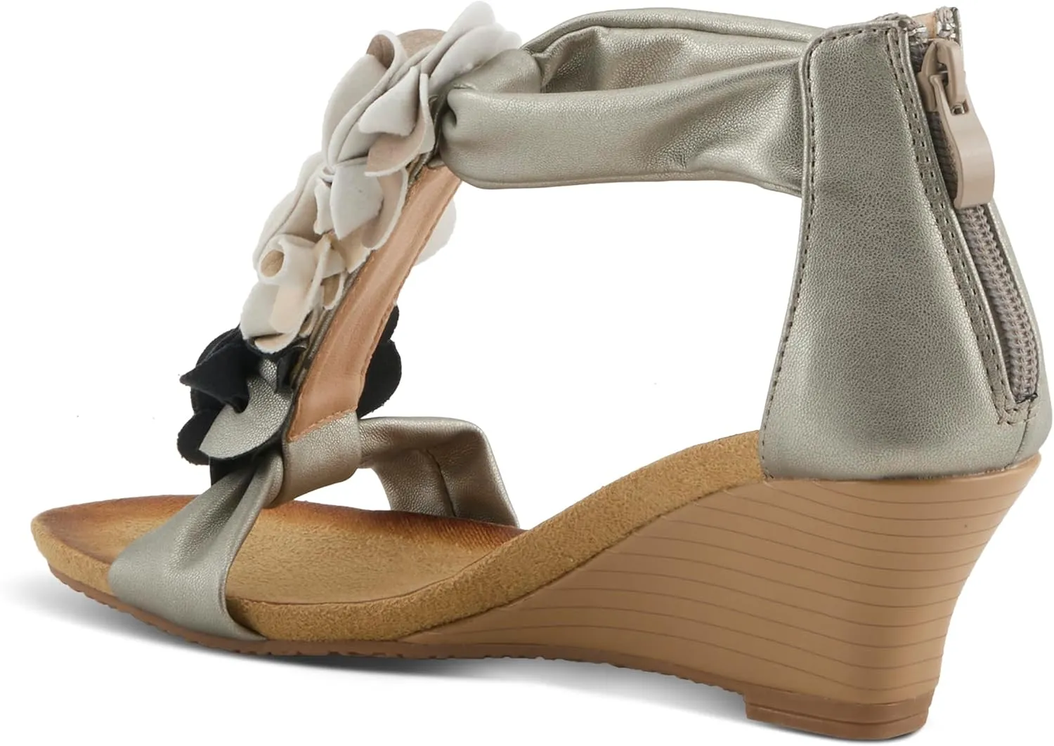 PATRIZIA Women's HARLEQUIN Ankle Strap T-Strap Wedge Sandals - Floral Design, Cushioned Insole, Back Zipper