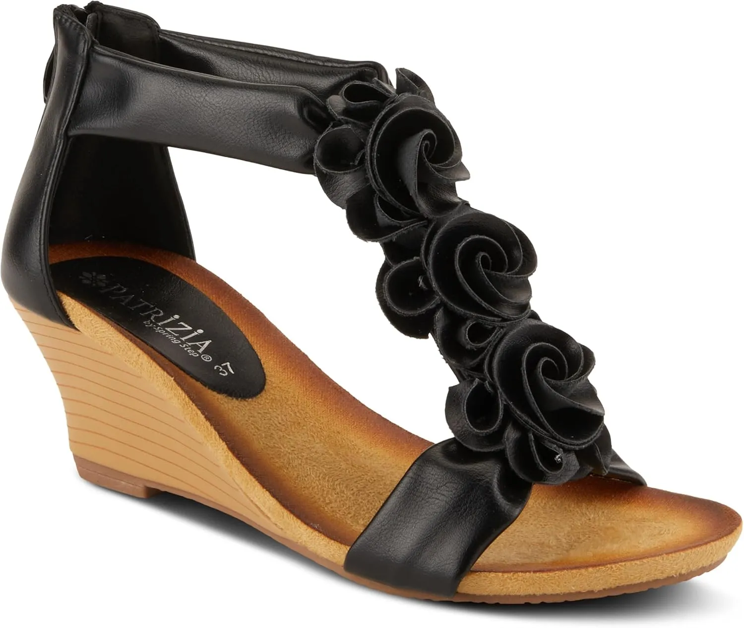 PATRIZIA Women's HARLEQUIN Ankle Strap T-Strap Wedge Sandals - Floral Design, Cushioned Insole, Back Zipper