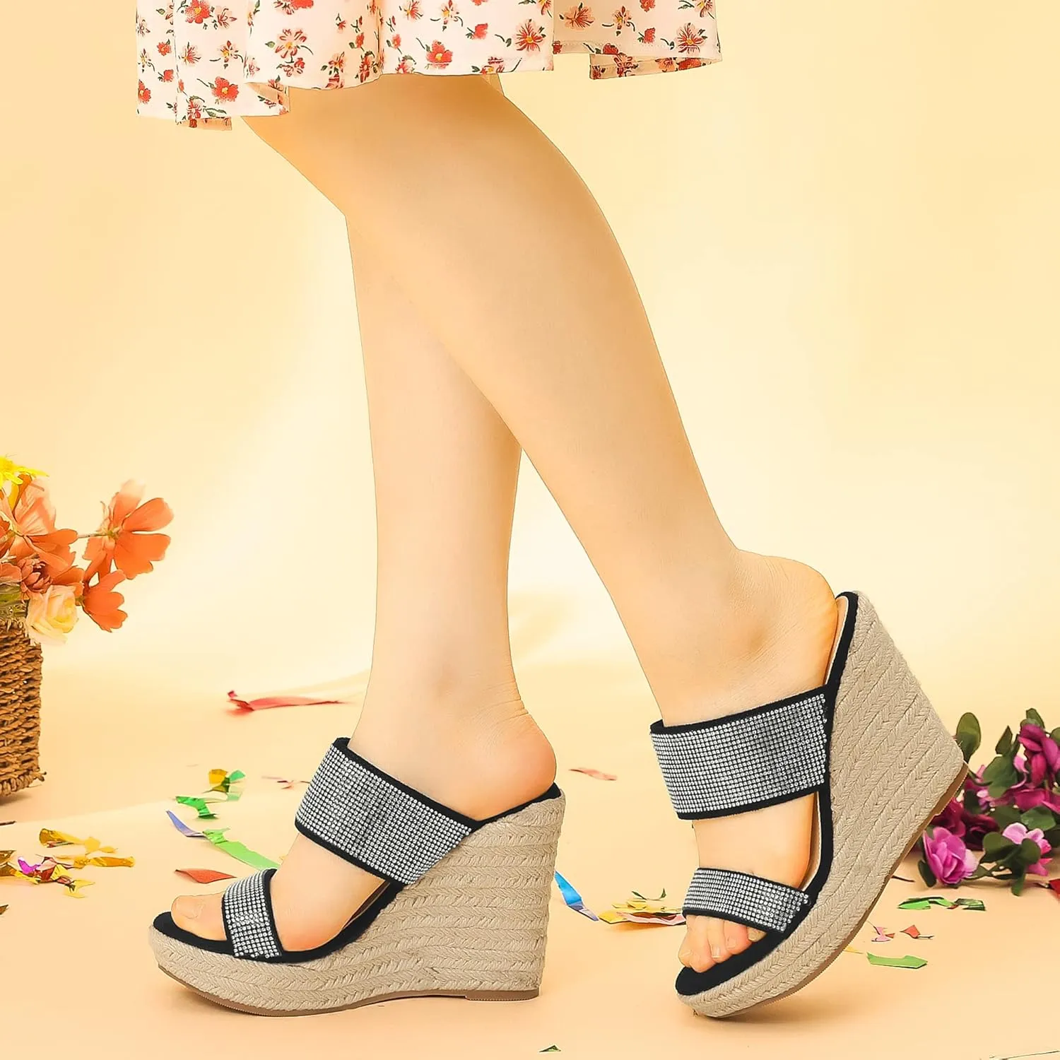 Perphy Platform Rhinestones Dual Strap Espadrille Wedge Sandals for Women