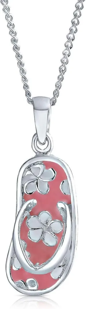 Personalized Nautical Tropical Vacation Enamel CZ Pink White Blue Opal Beach Flip Flop Sandal Pendant Necklace Bracelet For Women Teen .925 Sterling Silver