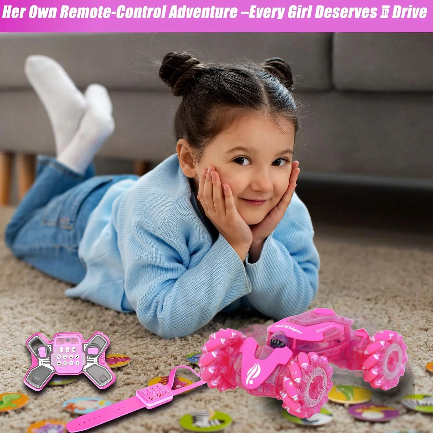 Pink Remote Control Car for Girls, Gesture Sensing Stunt Remote Control with Light & Music, 4WD 360° Rotating, 2.4Ghz RC Car, Birthday Gift for Kids Age 3-12 & 4-10 Best Gift for Girls