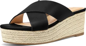 PIZZ ANNU Women's Misty Criss Cross Platform Wedge Sandals Open Toe Espadrille Heels Sandals for Casual Summer Slide Shoes