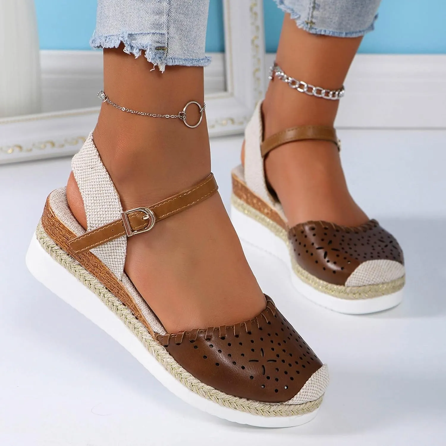 Platform Sandals for Women 2025 Breathable Hollow Out Closed Toe Slip On Sandals Buckle Ankle Strap Wedge Sandal Arch Support Slippers Fashion Summer Bohemia Beach Shoes