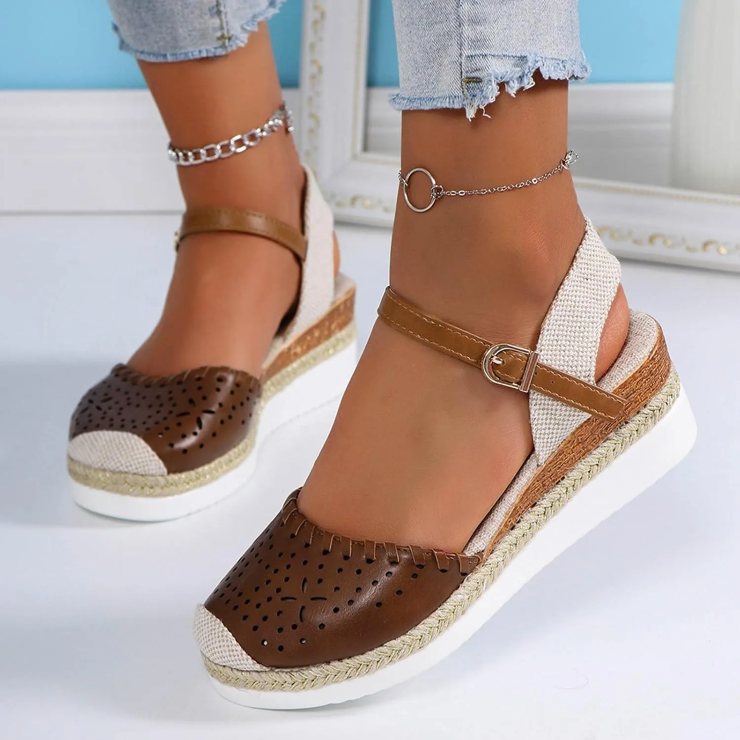 Platform Sandals for Women 2025 Breathable Hollow Out Closed Toe Slip On Sandals Buckle Ankle Strap Wedge Sandal Arch Support Slippers Fashion Summer Bohemia Beach Shoes