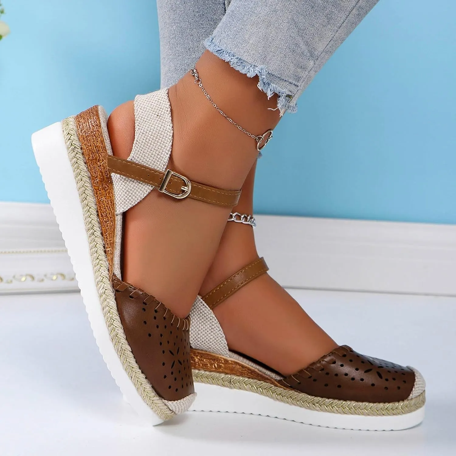 Platform Sandals for Women 2025 Breathable Hollow Out Closed Toe Slip On Sandals Buckle Ankle Strap Wedge Sandal Arch Support Slippers Fashion Summer Bohemia Beach Shoes