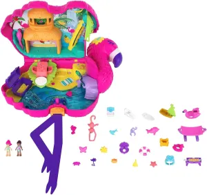 Polly Pocket Travel Toy, Flamingo Party Playset with 2 Micro Dolls & 26 Surprise Accessories, Animal Toy Compact