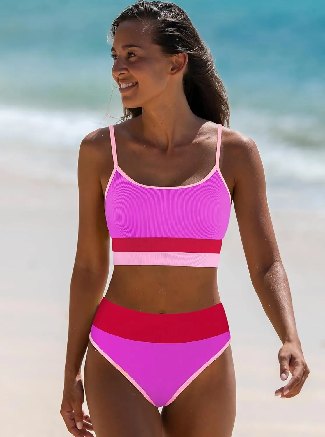 popvil Women Bikini Sets Two Piece Bathing Suit - Sporty High Waisted Swimsuit Cheeky Modest Ribbed Neon Bikini