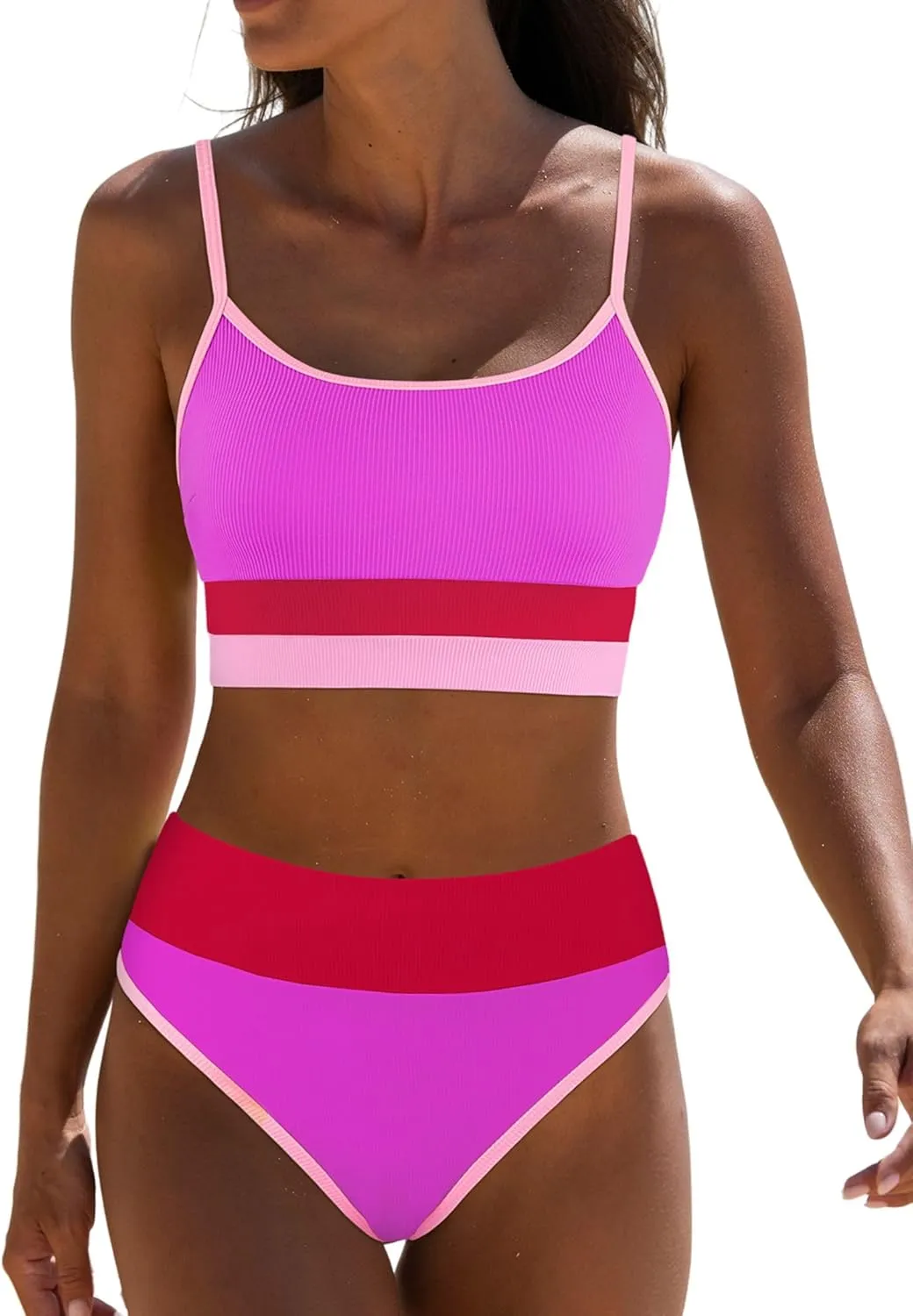 popvil Women Bikini Sets Two Piece Bathing Suit - Sporty High Waisted Swimsuit Cheeky Modest Ribbed Neon Bikini