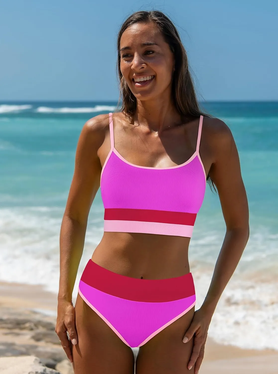 popvil Women Bikini Sets Two Piece Bathing Suit - Sporty High Waisted Swimsuit Cheeky Modest Ribbed Neon Bikini