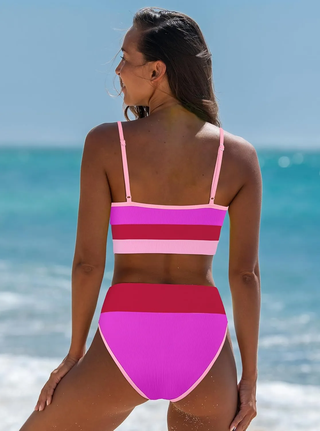 popvil Women Bikini Sets Two Piece Bathing Suit - Sporty High Waisted Swimsuit Cheeky Modest Ribbed Neon Bikini