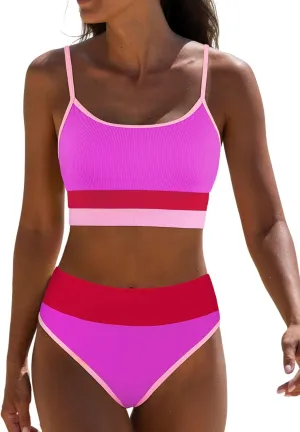 popvil Women Bikini Sets Two Piece Bathing Suit - Sporty High Waisted Swimsuit Cheeky Modest Ribbed Neon Bikini