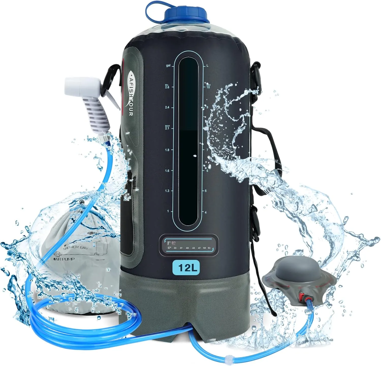 Portable Camping Shower Bag - 12L/3.17 Gallons Solar Shower Water Bag with Foot Pump and Shower Head - Camp Shower for Camping, Beach, Travel, Outdoor Activities