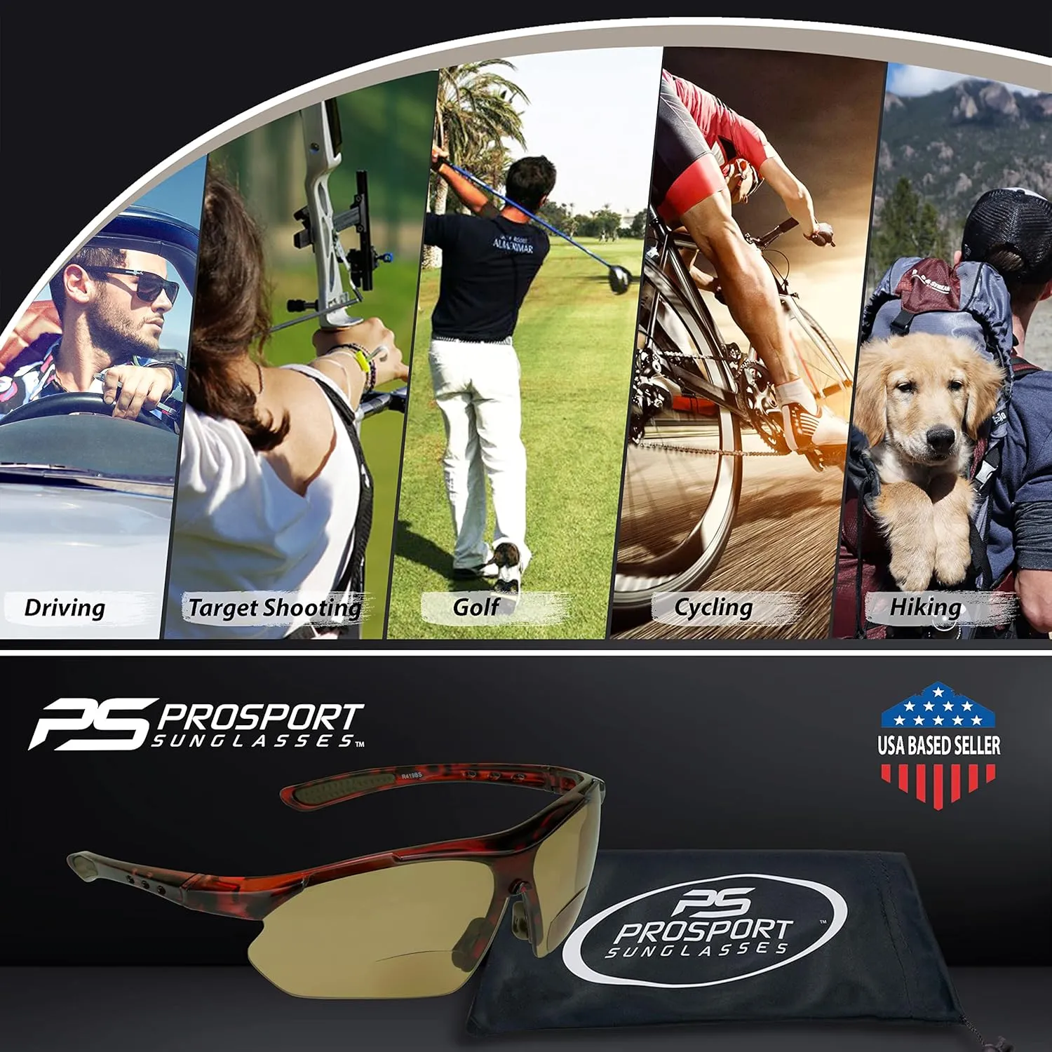 proSPORT BIFOCAL Sunglass Readers Men Women Blue Light Blocking HD Amber Lens Semi-Rimless Wrap-Around Golf Driving