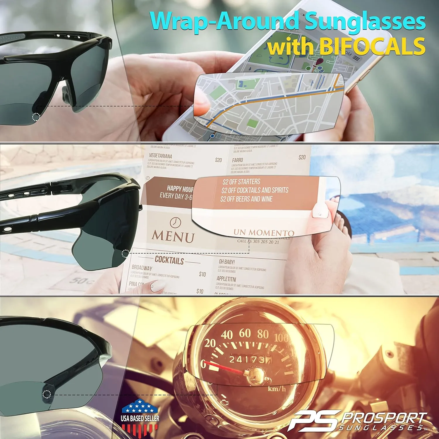 proSPORT BIFOCAL Sunglass Readers Men Women Blue Light Blocking HD Amber Lens Semi-Rimless Wrap-Around Golf Driving