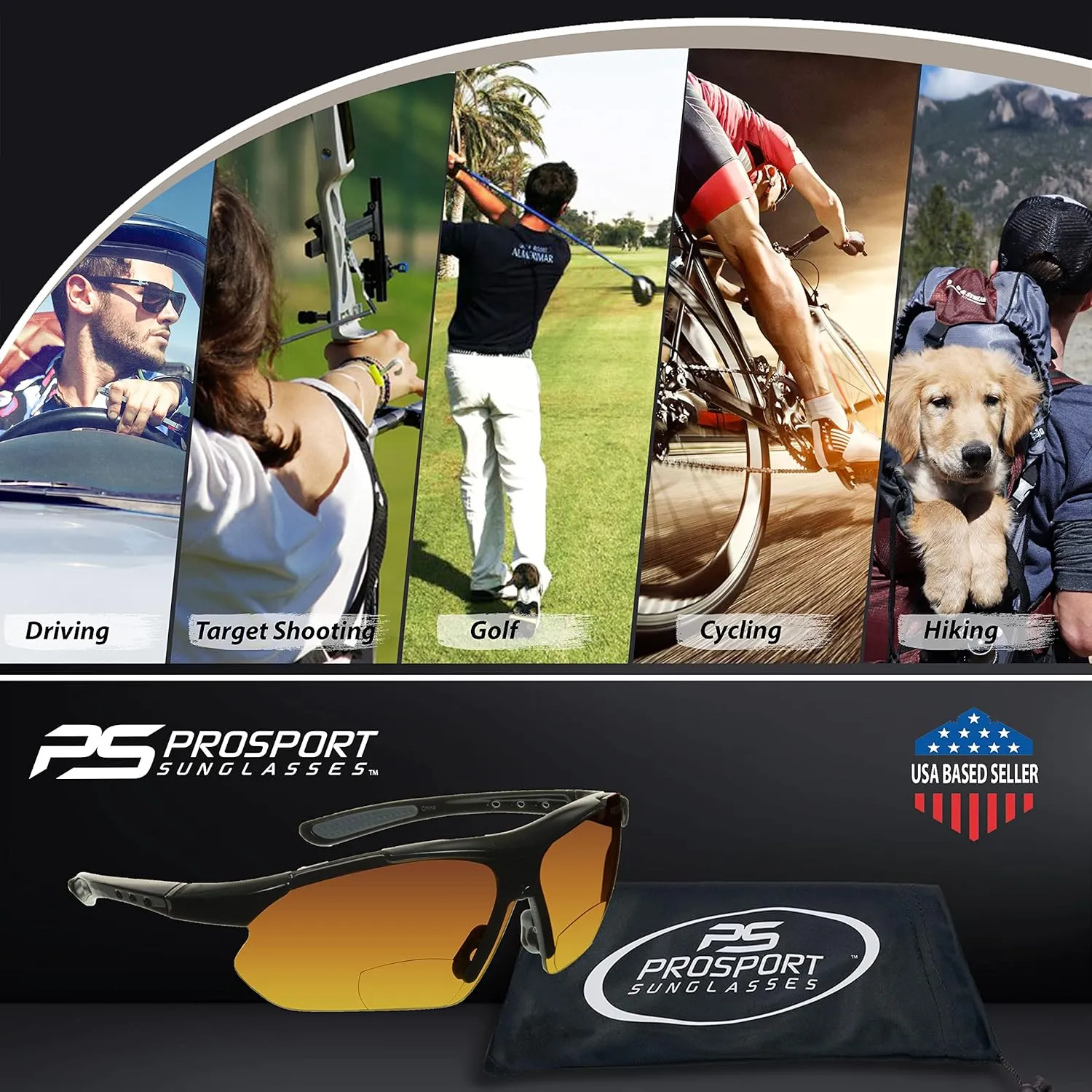 proSPORT BIFOCAL Sunglass Readers Men Women Blue Light Blocking HD Amber Lens Semi-Rimless Wrap-Around Golf Driving