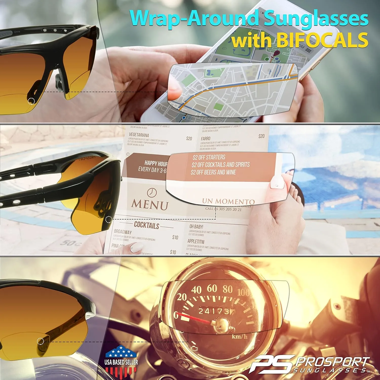 proSPORT BIFOCAL Sunglass Readers Men Women Blue Light Blocking HD Amber Lens Semi-Rimless Wrap-Around Golf Driving