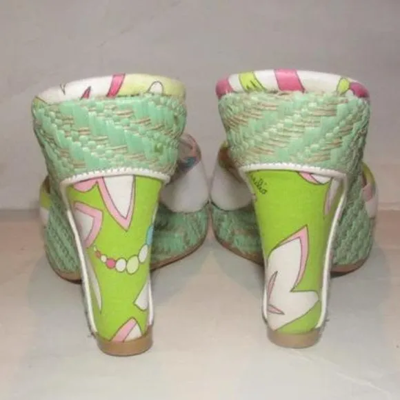 Pucci White Leather & Colorful Floral Mule Wedges!