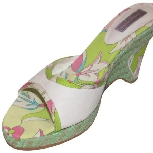 Pucci White Leather & Colorful Floral Mule Wedges!